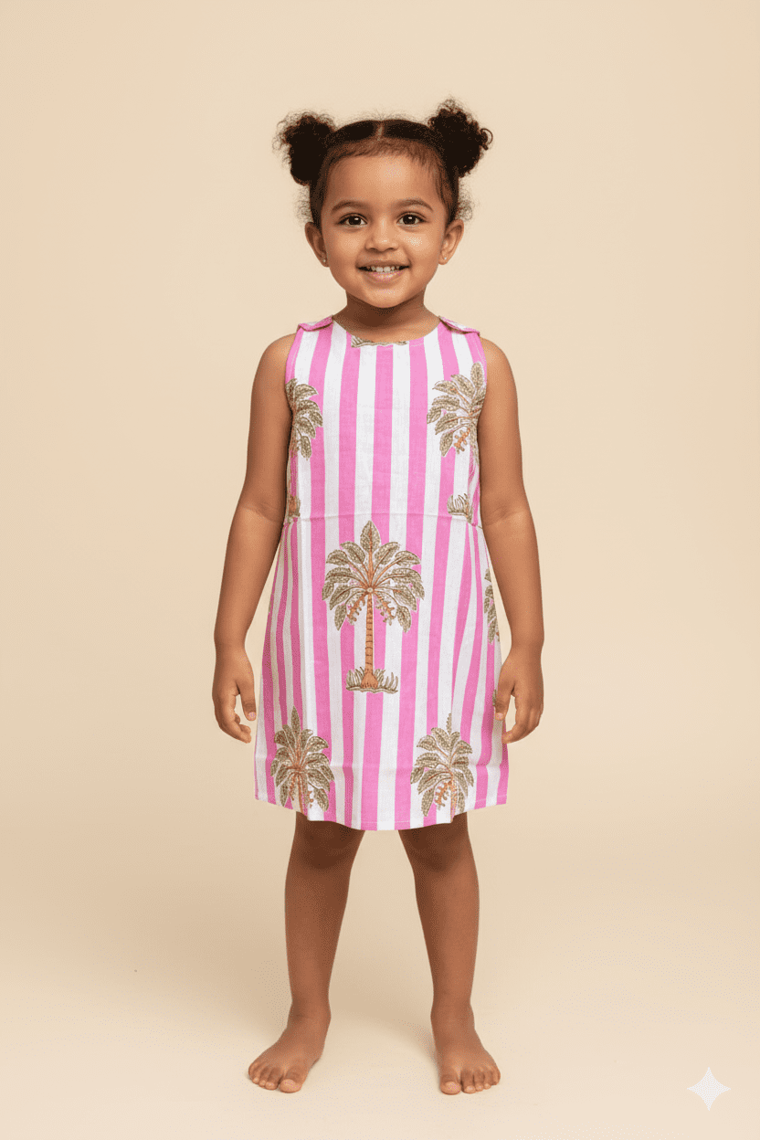 Striped Palm Tree Dress | 100% Cotton Girl's Clothing