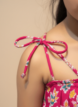 Girls Sleeveless Cotton Dress with Tie Straps & Ruffle Neckline – Pink Floral Summer Outfit