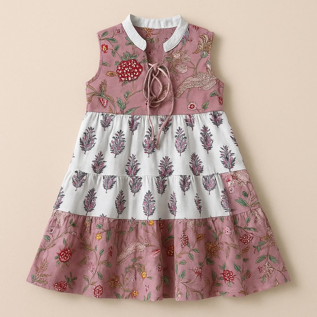 Girls Sleeveless Laced-Neck Floral Cotton Dress – Pink & White Boho Summer Outfit