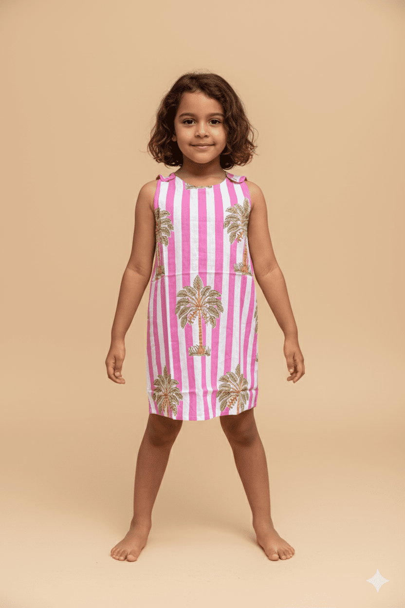 Striped Palm Tree Dress | 100% Cotton Girl's Clothing